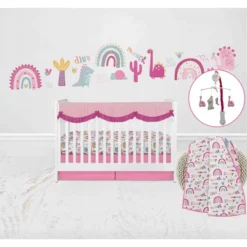 Bacati - Little Dino Girls Fuchsia/Aqua Muslin 6 Pc Crib Bedding Set With Crib Musical Mobile
