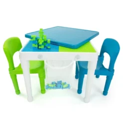 3pc Kids' 2 In 1 Square Activity Table With Chairs And 100pc Building Blocks White/Green/Blue - Humble Crew